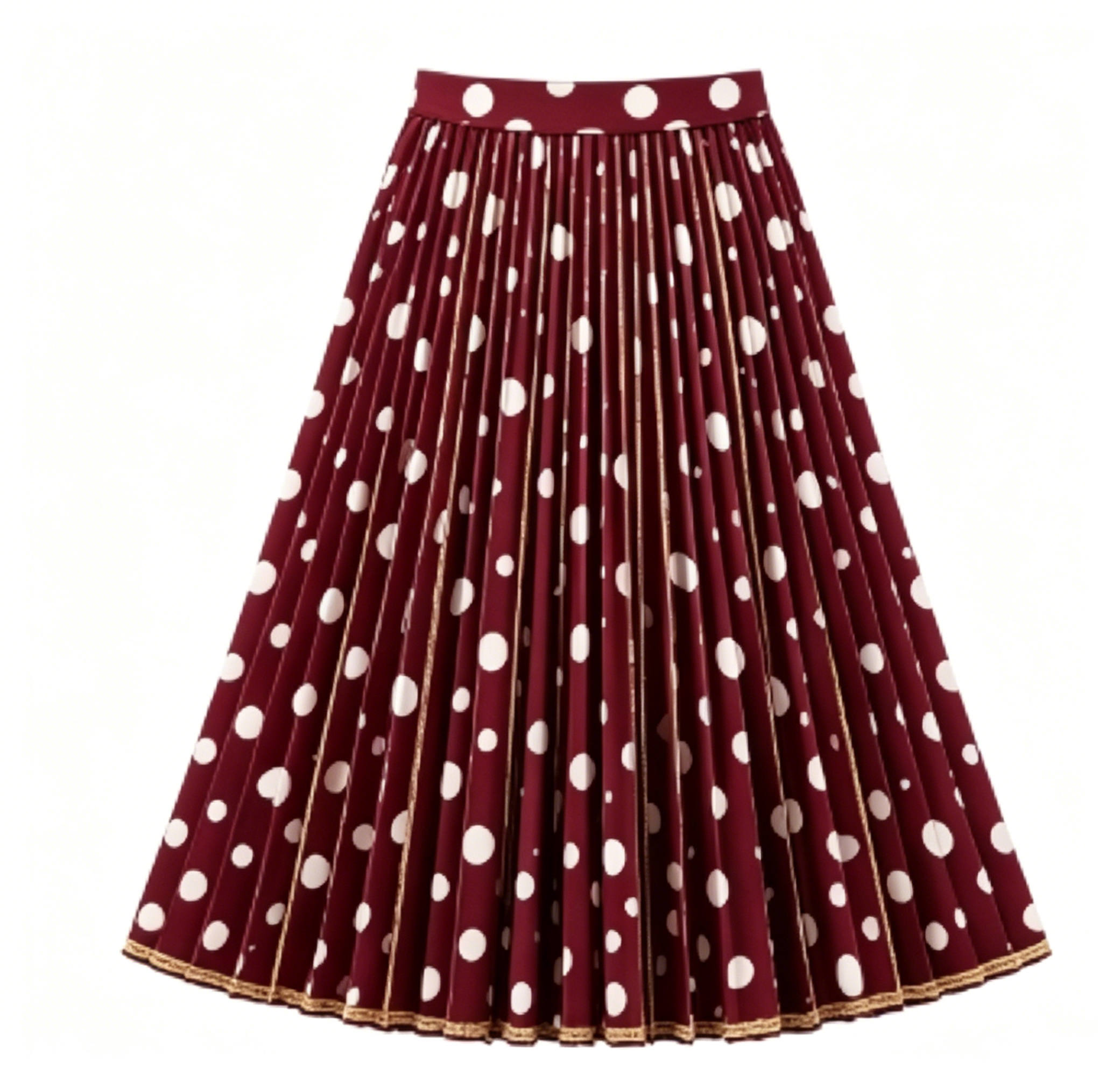 Burgundy Polka Dot Pleated Midi Skirt