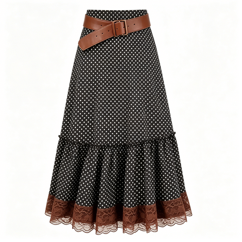 Black Polka Dot Lace Trim Midi Skirt