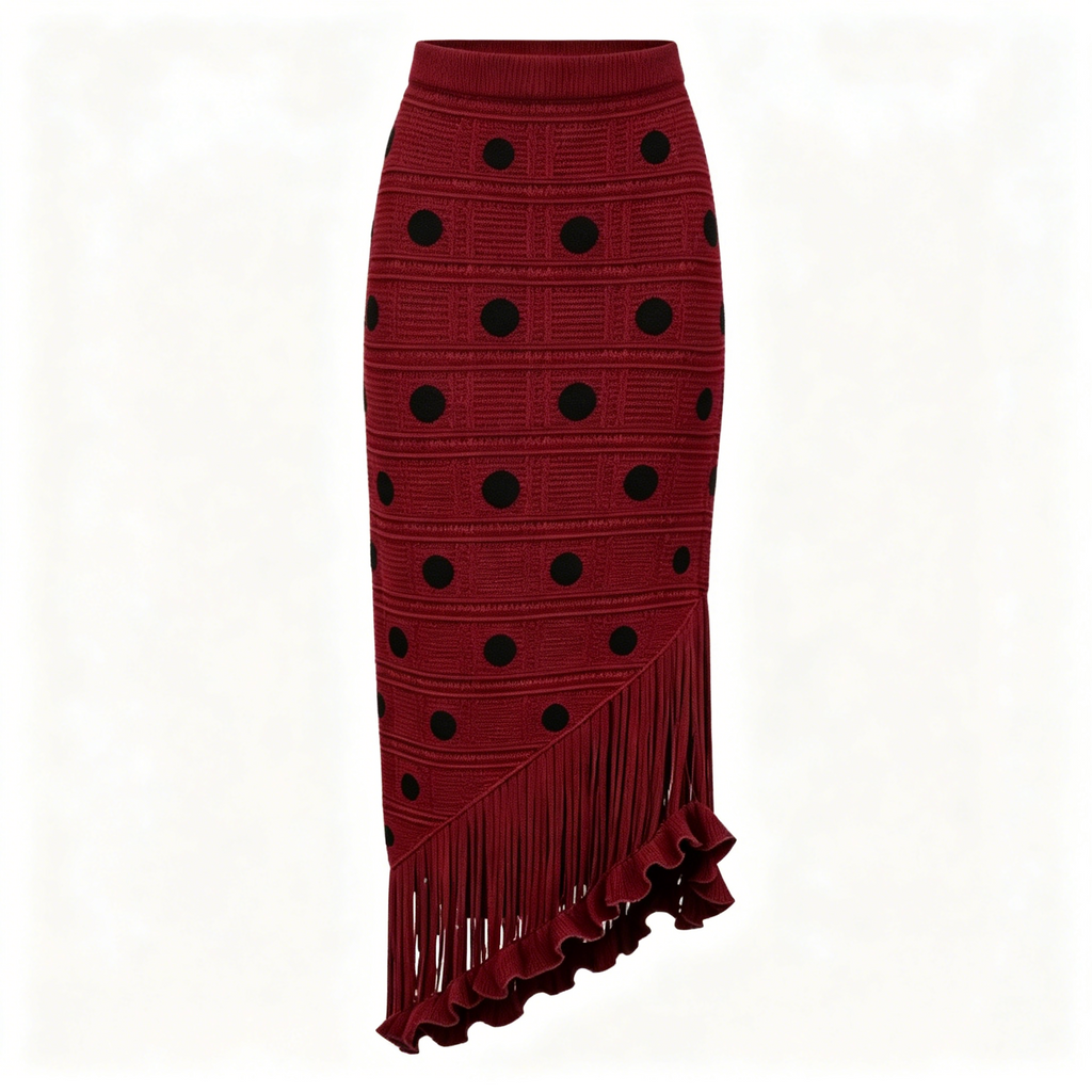 Red Knit Polka Dot Tassel Skirt
