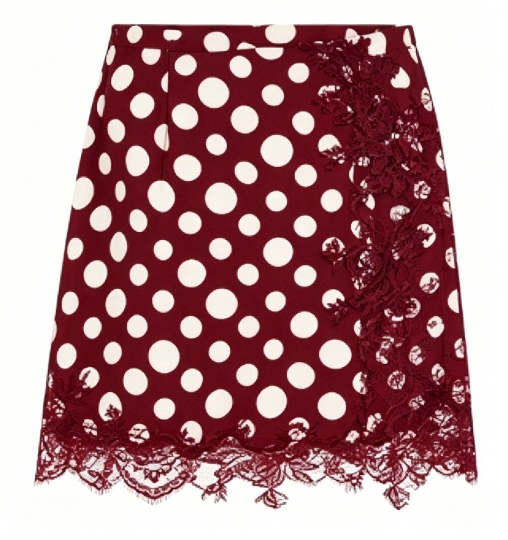 Burgundy Polka Dot Lace Trim Mini Skirt