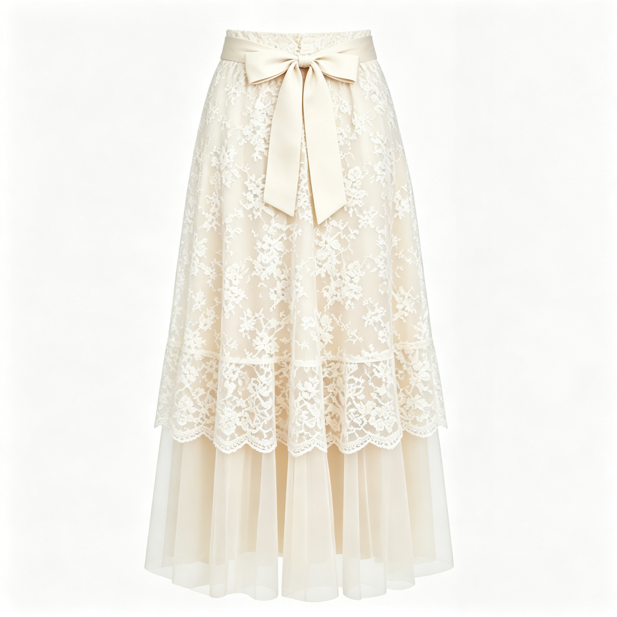 Cream Lace Bow Waist Maxi Skirt