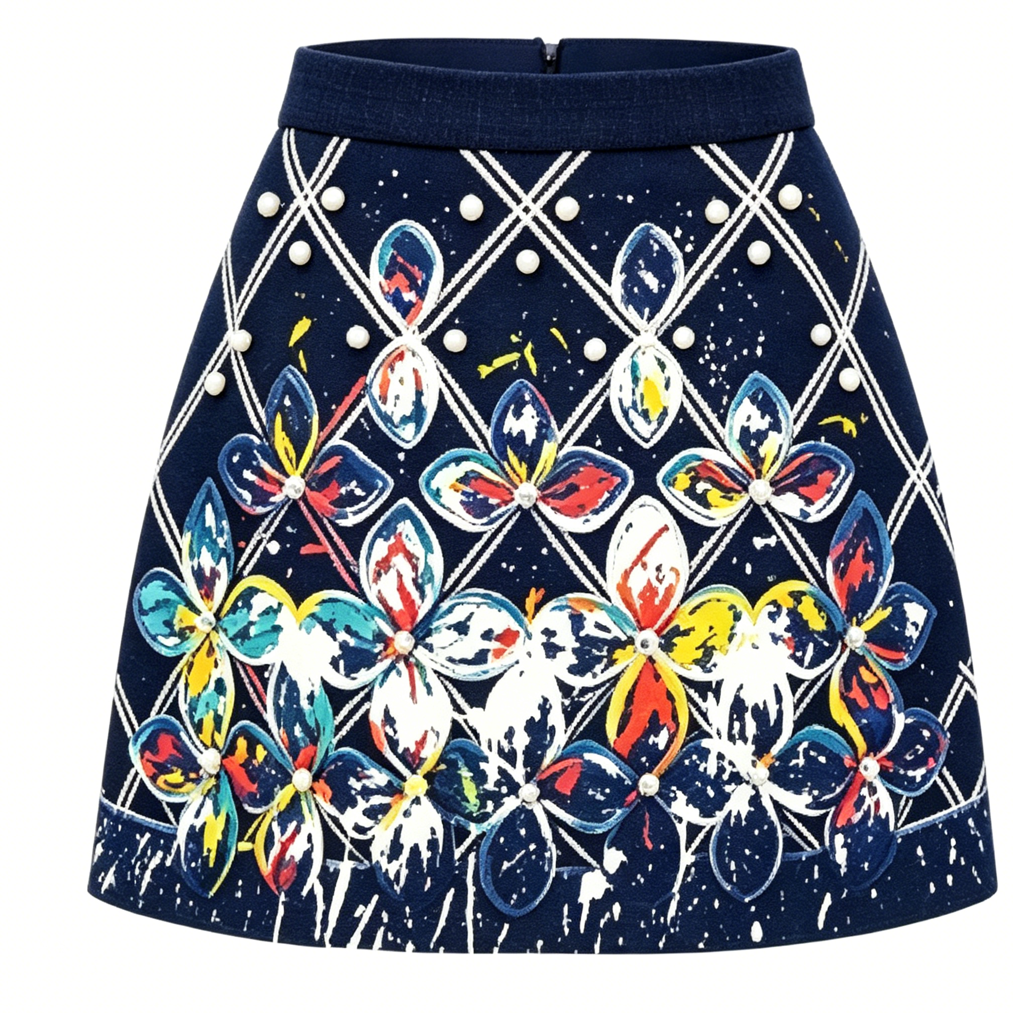 Navy Floral Embellished Mini Skirt